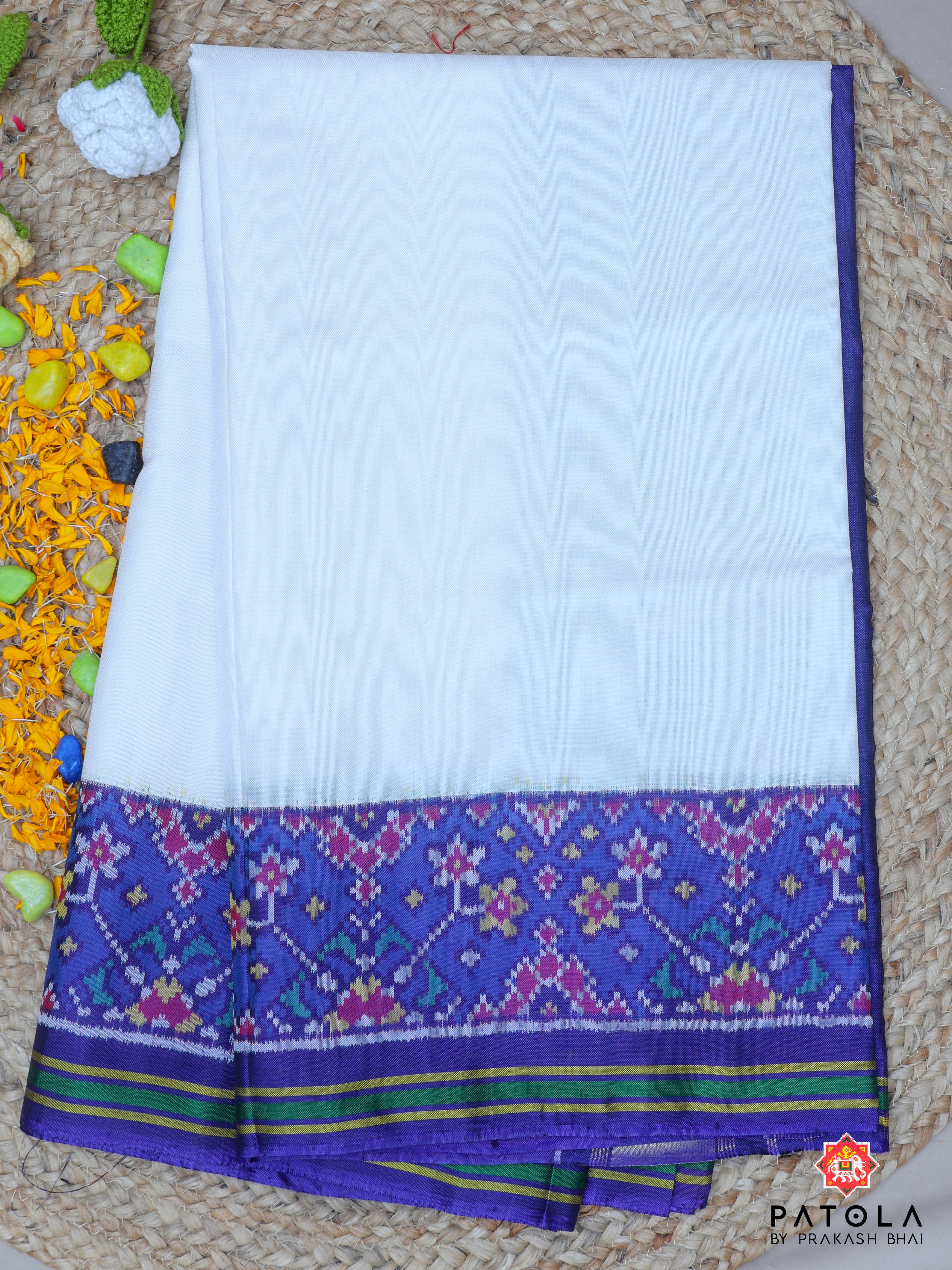 Plain White With Navratna Border Semi Double Ikat Patola Saree